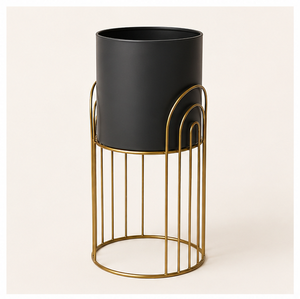 Modern Stylish Metal Indoor <b>Plant</b> Stand Set with Matte Black Pots & Gold Geometric Wire <b>Frames</b> for Luxury Living Room - Product Image 3
