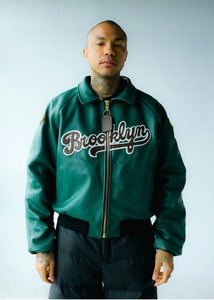 Veste bomber en cuir streetwear solide FLY GEENIUS X VANSON - Vert Brooklyn - Product Image 1