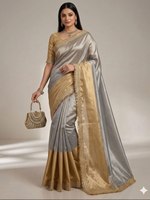 Sari en organza de viscose gris glace beige doré avec bordure en dentelle fantaisie unie, tenue de soirée traditionnelle élégante pour femmes
