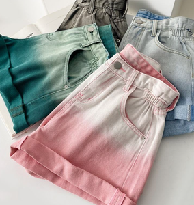 Shorts de mezclilla de cintura alta con degradado para mujer, color caramelo, con aberturas, corte holgado, pierna recta, pantalones casuales de verano - Product Image 1