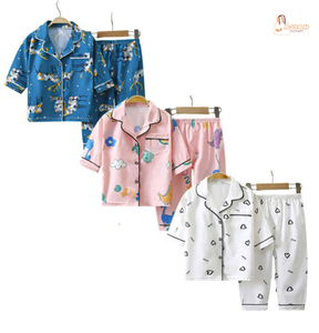 Pyjama d'été pour filles, imprimé dessin animé, manches courtes, ensemble de vêtements de nuit boutonnés, couleurs rose, bleu, blanc - Product Image 2