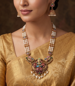 DIVYORO Goddess Lakshmi <b>Pearl</b> Haar Necklace & Earring <b>Set</b> Gold Plated Copper & Brass Women's Wedding Party Religious <b>Jewelry</b> - Product Image 3