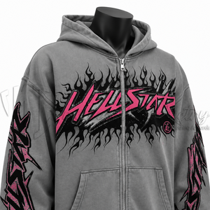 Sudadera con capucha y cremallera para hombre, gris, con estampado gráfico de llamas, estilo urbano, de forro polar, talla grande, OEM personalizado, al por mayor - Product Image 6