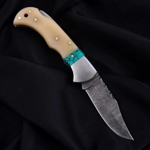 Couteau pliant en acier Damas Nordic Forge, verrouillage arrière, manche en os et turquoise avec étui, couteau de poche EDC pour le camping et la chasse - Product Image 3