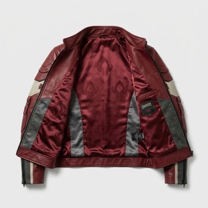Mens <b>Burgundy</b> Red Genuine <b>Leather</b> Motorcycle <b>Jacket</b> Buckle High Neck Skull Embroidered Cyberpunk Biker Outerwear - Product Image 5