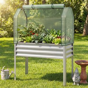 3-in-1 Silver Metal Raised Garden Bed with Mini Greenhouse Cover Elevated <b>Planter</b> <b>Box</b> for Flower Pots & <b>Planters</b> - Product Image 2