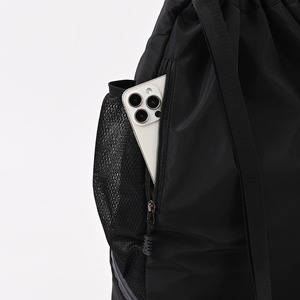 Unisex <b>Black</b> Drawstring <b>Backpack</b> With Mesh Side Pockets And Zippered Bottom Compartment For Outdoor Sports Casual Use - Product Image 5