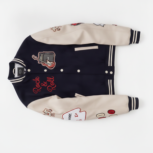 Chaqueta Varsity Azul Marino para Hombre con Mangas Crema, Parche Bordado Rock & Roll, Chaqueta Bomber de Béisbol Estilo Letterman, Preppy Streetwear - Product Image 4
