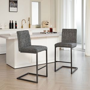 Sgabello da Bar Robusto con Struttura in Metallo Nero, Tessuto Grigio Maculato Testurizzato, Schienale Trapuntato Verticale e Poggiapiedi, Accessorio per Isola Cucina - Product Image 1