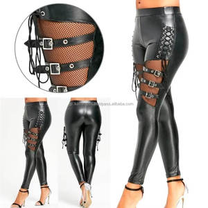 Wholesale Customizable Gothic <b>Black</b> Leather Pants for Women Edgy Skinny Design with <b>Lace</b> up Mesh Buckle Night Out Clubwear Style - Product Image 3