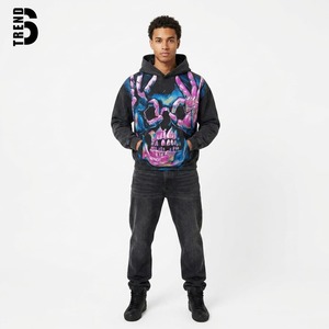 Sudadera con Capucha Personalizada para Hombre, Color Carbón, Lavado Ácido, 450GSM, Diseño Vintage con Estampado de Calavera, Estilo Urbano Y2K, Corte Holgado y Cuadrado - Product Image 3