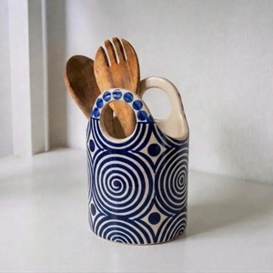 Hand Painted Stoneware <b>Utensil</b> <b>Holder</b> Spiral Pattern Cut Rim Design Durable Heat Resistant <b>Kitchen</b> Counter Storage Organizer - Product Image 2