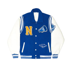 Blue Men's Varsity Jacket Embroidered Logo Patch Designs Turn-down Collar Single Breasted Casual Breathable Winter OEM Wholesale - Product Image 1
