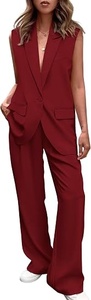 Women's Red Sleeveless <b>Blazer</b> <b>Set</b> Loose Fit Wide Leg Pants Two Piece Suit Casual Spring Summer Solid Color Crepe Fabric - Product Image 5