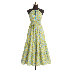 Green Floral Hand Block Print Panel Dress V Neck Sleeveless Neck Tussle Women Summer Wear Handmade Masterpiece Cotton Gown - Product Image 1