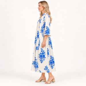 Vestido Maxi Bohemio con Cuello en V para Mujer, Manga Tres Cuartos, Cintura Imperio, Estampado Floral, Lino y Algodón, Vestido Casual de Verano - Product Image 2