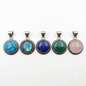 Pendentifs Breloques Ronds en Pierre Naturelle Plaqué Argent en Gros : Turquoise, Labradorite, Lapis Lazuli, Malachite, Quartz Rose, Pierres Précieuses - Product Image 1