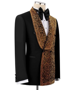 Traje de esmoquin negro con adornos dorados para hombre – Blazer de diseñador de doble botonadura con solapa de chal con pedrería - Product Image 2