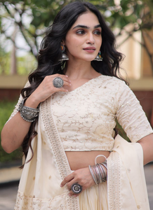 Lehenga Choli blanc en satin Designer Glory - Product Image 4