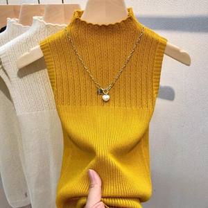 Camiseta sin mangas de punto acanalado retro, top de verano sin mangas con cuello alto y corte ajustado para uso casual, streetwear y diario - Product Image 5