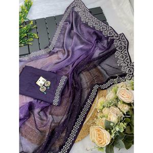 FANCY SILK JHARKHAND DIAMOND WORK SAREE CON BLUSA SIN COSTAR PÚRPURA - Product Image 1