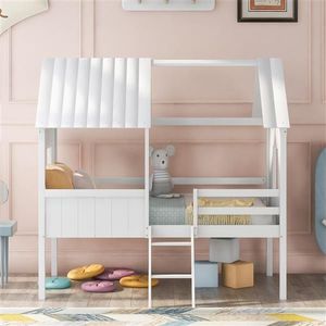 Letto a soppalco singolo per bambini, a forma di casetta in legno bianco con due finestre laterali - Product Image 1