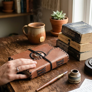 Journal en cuir à fermeture filetée avec belle pierre blanche au centre et structure de bordure de point unique, cahier fabriqué à la main - Product Image 1