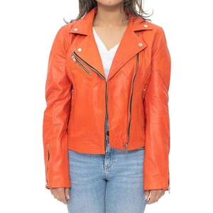 Women's Orange Color Leather Jacket Custom Zip Closure High Quality Fashion Apparel Genuine Custom Leather Avirex Jacket Women - Product Image 1