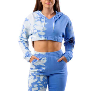 Ensemble deux pièces tricoté pour femme, crop top à capuche en polaire tie-dye bleu et blanc, manches longues, avec poches, style décontracté printemps-été, vêtement de sport - Product Image 1
