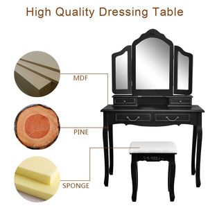 "Modern MDF <b>Makeup</b> Vanity Dresser with Tri-Fold <b>Mirror</b> & Stool-Black" - Product Image 5