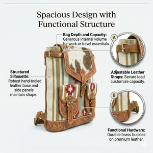 Mochila Sierra Loomed de lana y cuero genuino |   Bolso de Viaje Estilo Western de Cuero con Pelo, Hecho a Mano |   Mochila Resistente de Diseño - Product Image 3