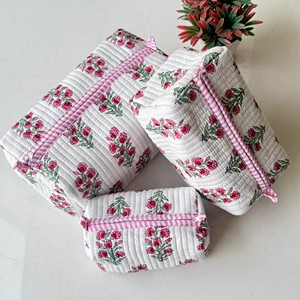 Vintage Embroidered Cotton Cosmetic Toiletry <b>Bag</b> Set Pink Floral Pattern Multi-Function Organizer Large Size Cover Closure - Product Image 5