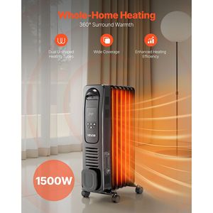 1500W Electric Oil-Filled <b>Radiator</b> LED <b>Screen</b> Space Heater with Over-Heat Protections 24h Timer Portable Cast Handle Home Heater - Product Image 2