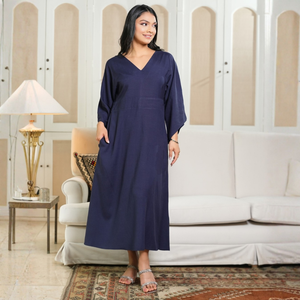 Robe élégante pour femmes en lin rayé bleu marine - Product Image 1