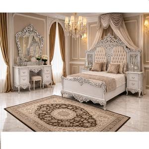 Elegante Cama King Size de Madera de Teca Tapizada en Color Plateado, Acabado Blanco Real, Tallada a Mano, Duradera, Moderna, Juego de Muebles para Dormitorio - Product Image 1