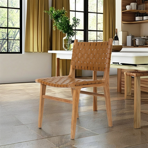 Silla de comedor con precio al por mayor, marco de madera de teca maciza, tejido de cuero genuino para silla de comedor casera - Product Image 1