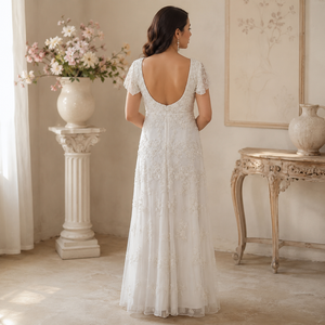Elegant White Beaded Maxi Dress Women Scoop Neck Flutter Sleeve Embroidered Floor Length Gown Wedding Bridal Party Formal - Product Image 3