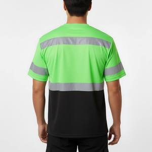 Men's Hi Visibility Reflective Work <b>T</b>-<b>Shirt</b> Green <b>Black</b> Polyester Safety <b>Shirt</b> with Pockets and Stripes - Product Image 2