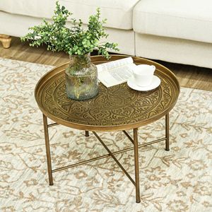 24-Inch <b>Round</b> Cafe <b>Table</b> with <b>Gold</b> Hammered Tray Top and Metal Frame for Living Room Use Coffee <b>Table</b> - Product Image 6
