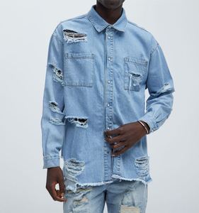 Chemises pour hommes en denim de coton bleu, col montant, manches longues, respirantes, décontractées, coupe classique, effet délavé - Product Image 1