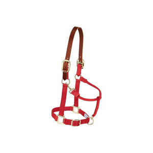<b>Red</b> Leather and Nylon Horse Halter with Brass Hardware for Equestrian Use - Product Image 1