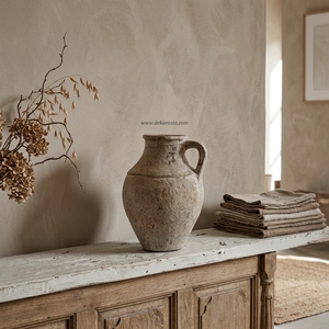 Vase Pichet Rustique en Terre Cuite Saloe avec Poignée, Artisanat en Céramique Décorative pour Table, Couleur Crème Vieilli - Product Image 5