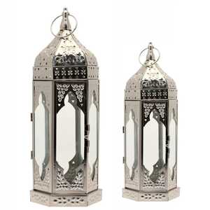 Pair of <b>silver</b> hexagonal <b>lanterns</b> ornate cutout panels glass sides domed tops ring handles rustic farmhouse indoor outdoor - Product Image 1