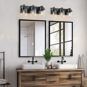 Lampada da Bagno a 3 Luci Nero Opaco con Paralume in Vetro Trasparente, Illuminazione Moderna per Specchio e Mobile da Bagno - Product Image 3