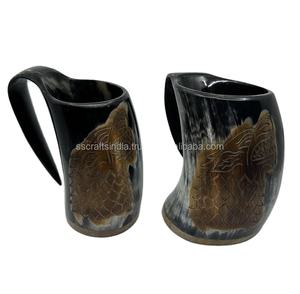 Buffalo motif viking drinking horn handcrafted tankard multipurpose <b>mug</b> for both hot and cold drinks and holiday home decor use - Product Image 1