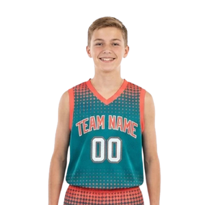 Conjunto de Uniforme de Baloncesto para Niños con Camiseta sin Mangas con Cuello en V y Pantalones Cortos a Juego con Diseño Degradado de Puntos, Nombre del Equipo y Números de Jugador Personalizables - Product Image 3