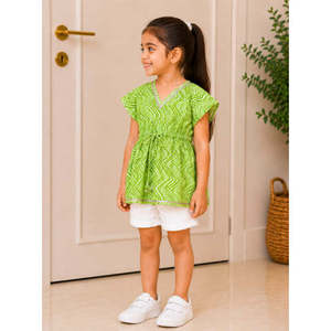 Twisha Xpressions – haut kaftan en coton imprimé pour filles de 0 à 6 mois, vert citron, demi-manches, tenue décontractée d'été, légère et confortable - Product Image 3