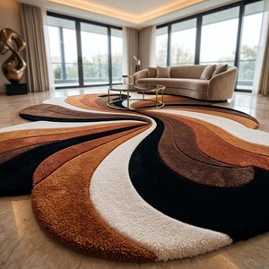 Tapis moderne abstrait en laine/coton tufté à la main avec envers antidérapant - Motif vague sculptée pour salon, chambre et usage commercial - Product Image 4