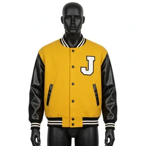 Veste universitaire personnalisée en laine jaune avec manches en cuir PU noir, veste de style Letterman pour hommes, broderie de lettre J, boutons pression - Product Image 1