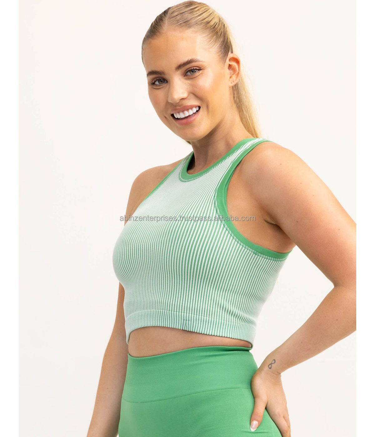 Women's Casual Crop Top Solid Color Seamless Ribbed Tank Top Decorative Ribbons Short Sports Knitted Sleeve Yoga Wear Breathable